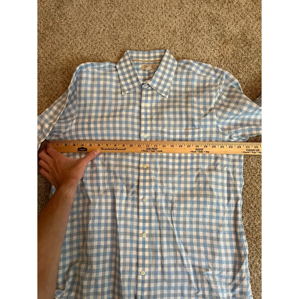 Banana Republic Men's 100% Linen Button Down Shirt Large Blue Gingham Plaid